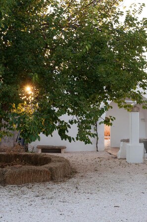 Un patio arbolado con un banco y un edificio blanco al fondo.