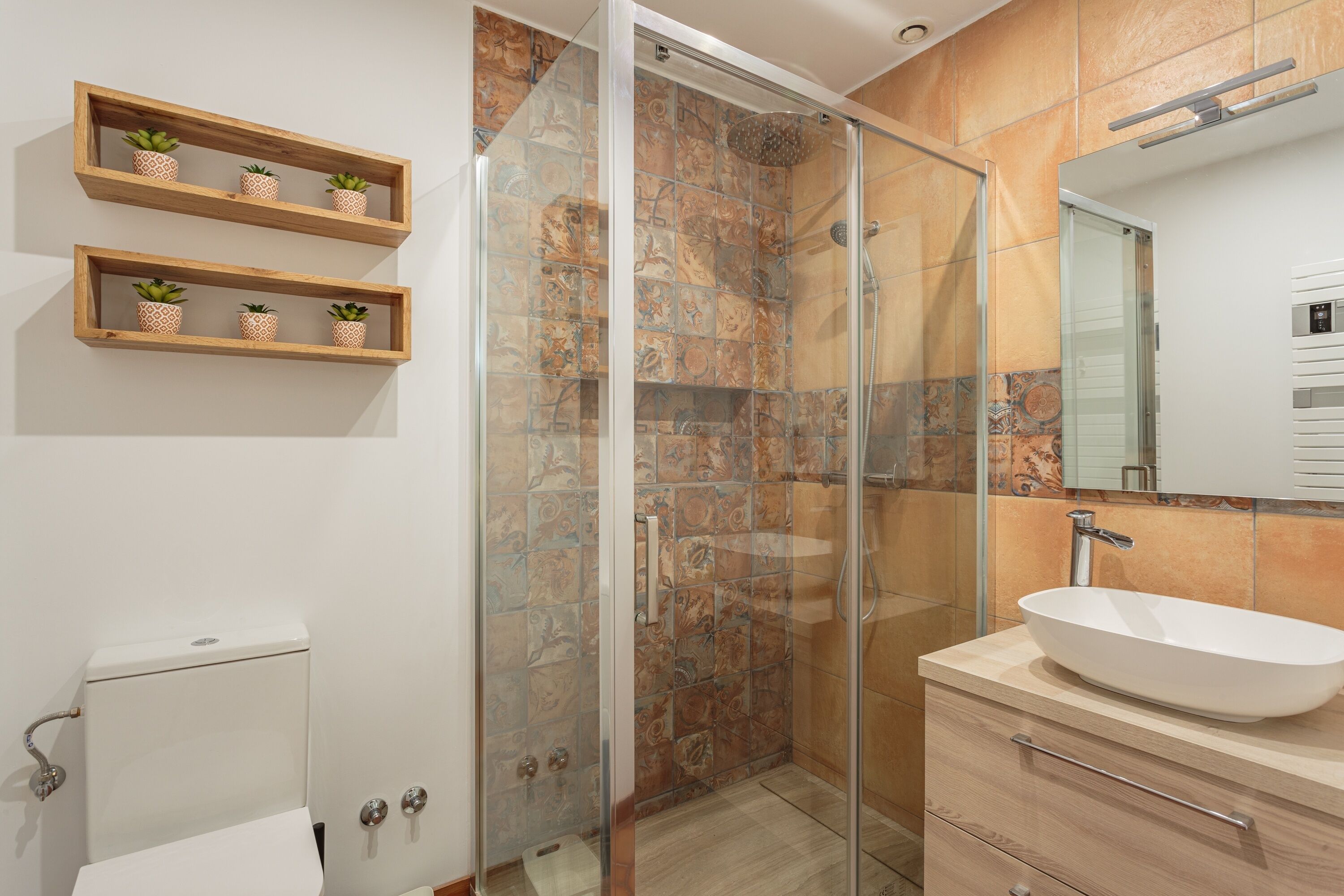 Un baño moderno con ducha de vidrio, lavamanos blanco y estantes de madera con plantas en macetas.