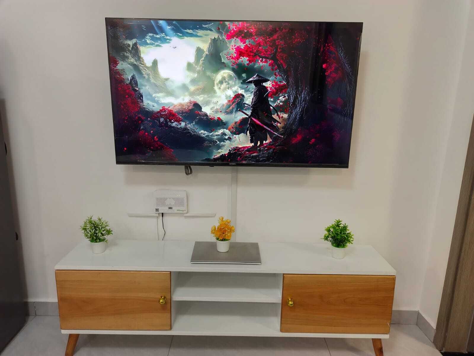 Ein Flachbildfernseher ist an einer weißen Wand über einer weißen Konsole montiert, die zwei Schubladen und ein Regal hat, und wird von kleinen Topfpflanzen begleitet.