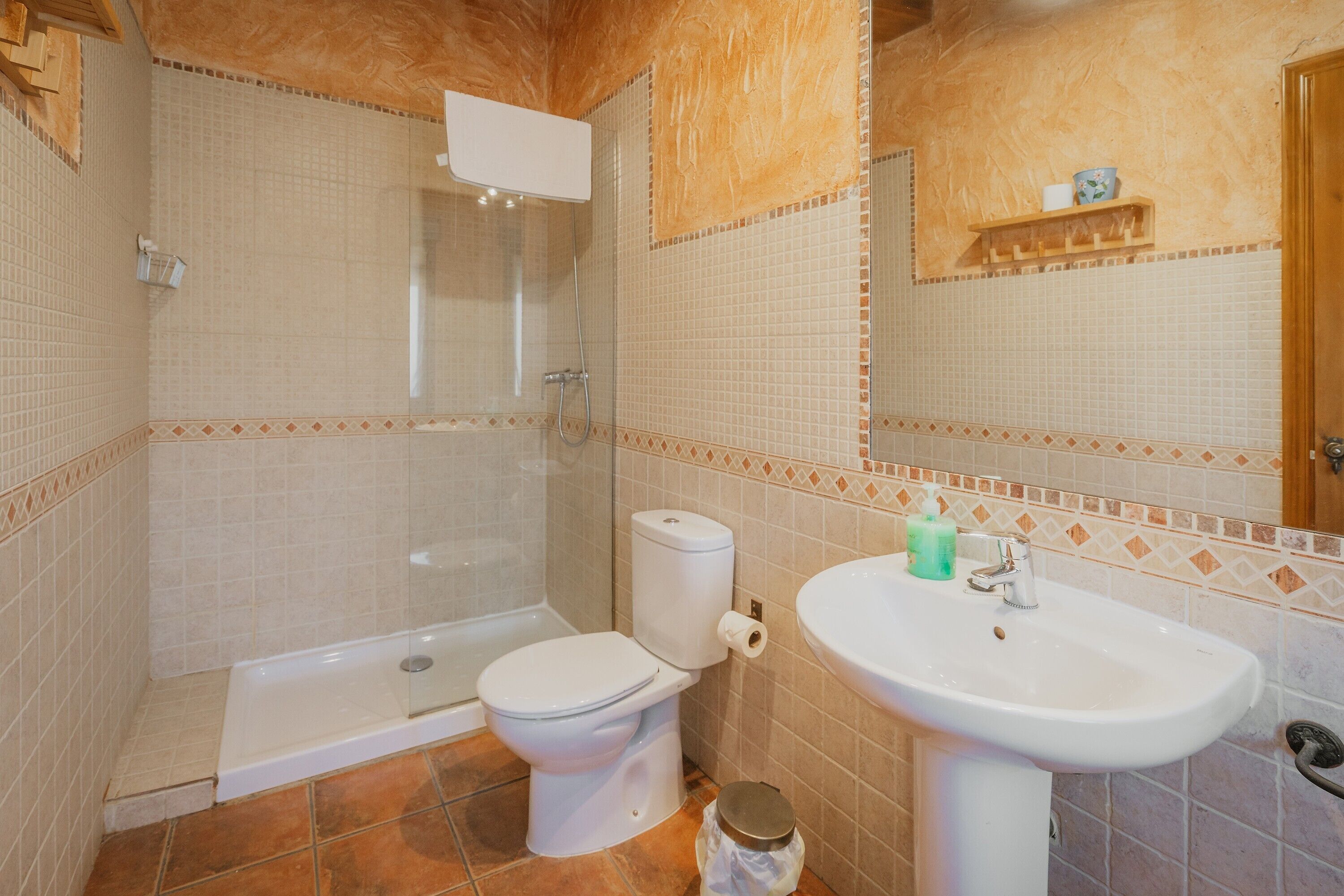 Een badkamer met douche, toilet en wastafel.