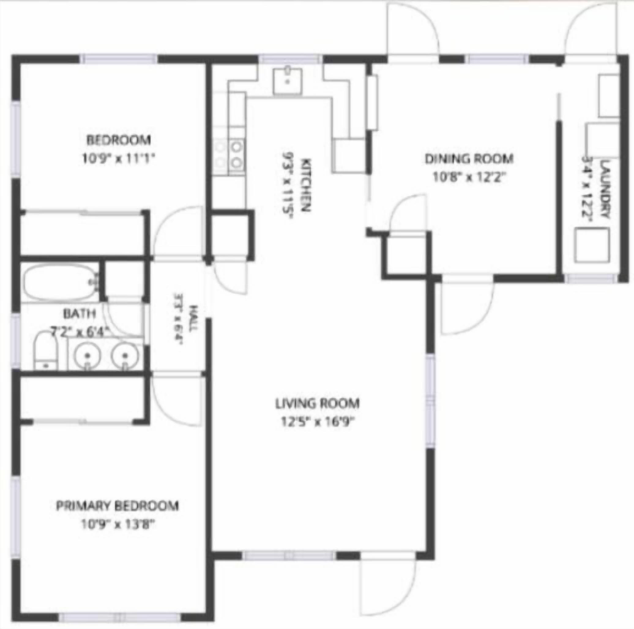 A floor plan with a bedroom, primary bedroom, living room, dining room, kitchen, and bathroom.