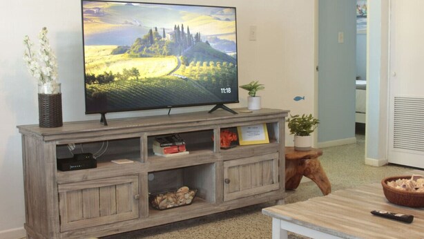 Un televisor sobre un atril de madera con una imagen de paisaje, una planta pequeña y un certificado enmarcado.