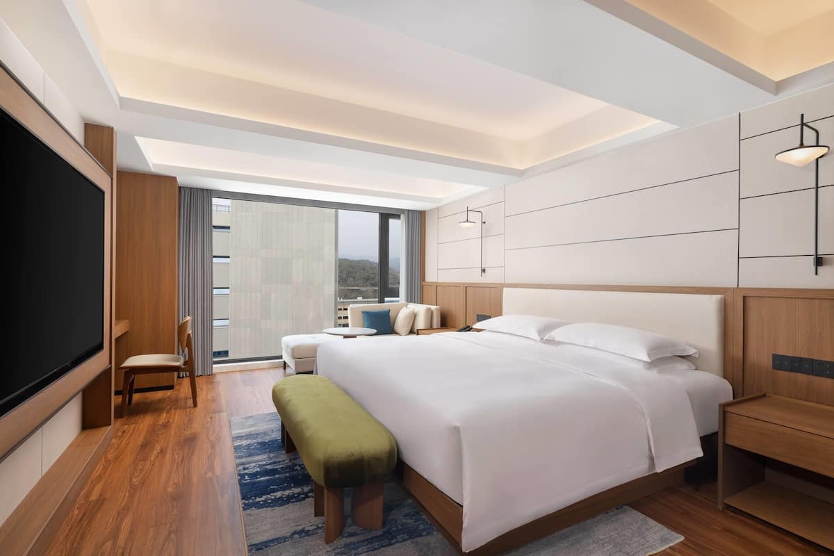 Een moderne hotelkamer met een groot bed, een flatscreen televisie, een zithoek en een groot raam.