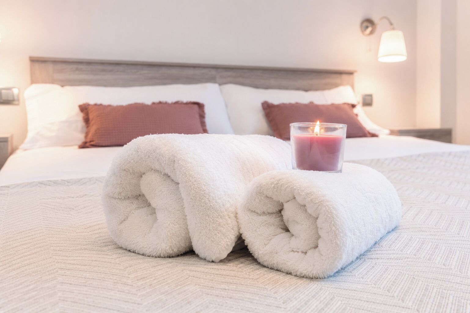 A neatly made bed with rolled white towels and a lit candle, indicating a cozy and well-maintained hotel room.