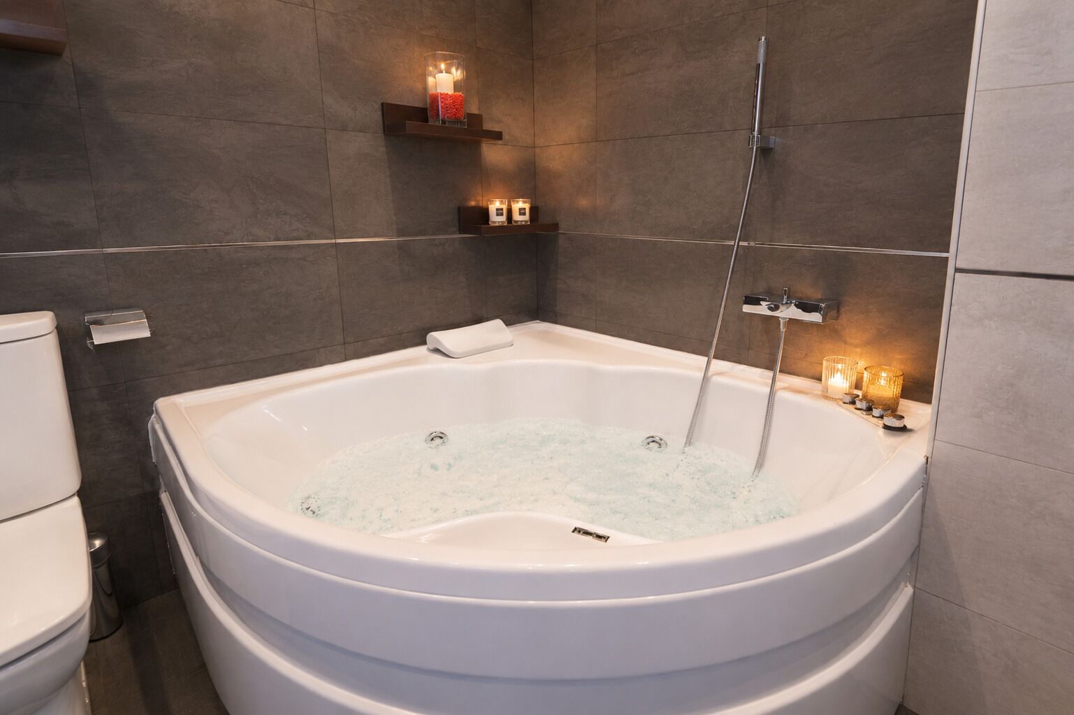 Shower, jetted bath, hair dryer, bidet