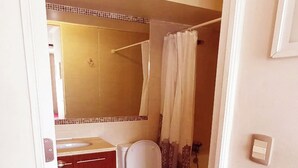 Un baño con inodoro, lavamanos, espejo y cortina de ducha.