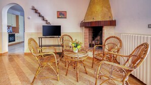 Una sala de estar con muebles de mimbre, una chimenea, un televisor y una cocina visible a través de un arco.
