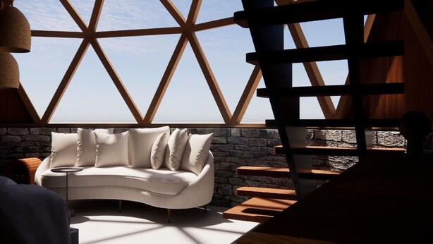 A modern interior with a geometric wooden ceiling, a white sofa with cushions, and a stone wall.