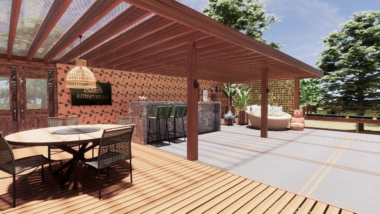 Un patio al aire libre con una mesa y sillas de madera, una parrilla y un área de estar cubierta.