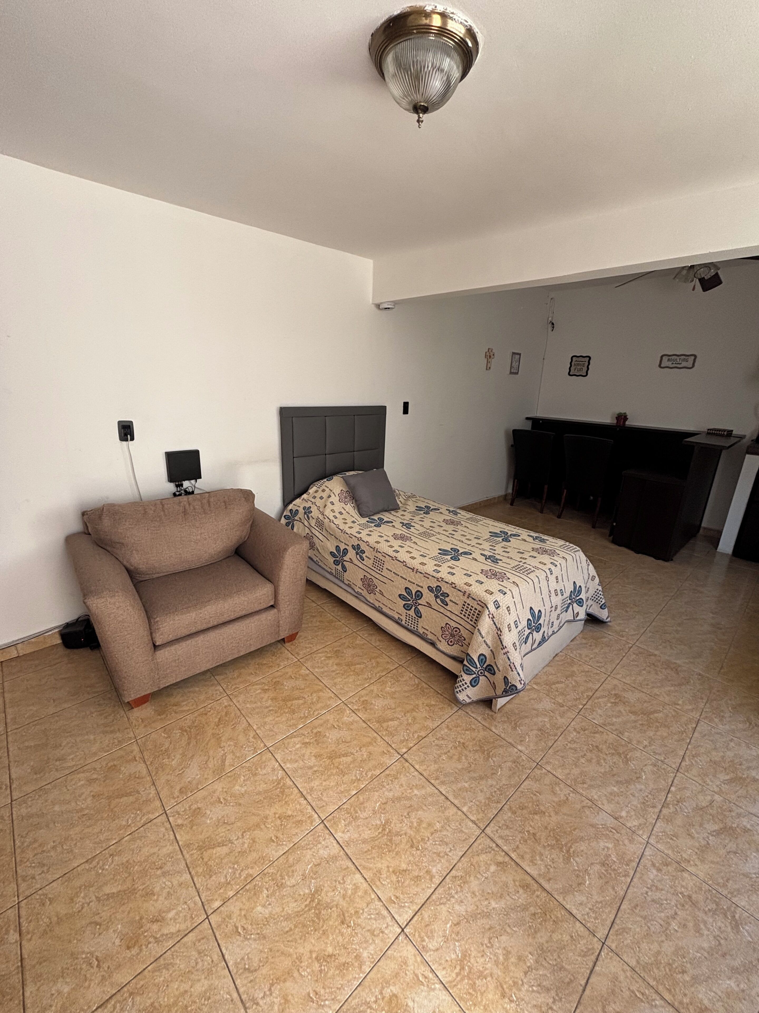 A bedroom with a bed, a sofa, a desk, and a ceiling light.
