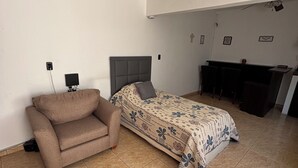 Ein Schlafzimmer mit Bett, Sofa, Schreibtisch und Deckenleuchte.