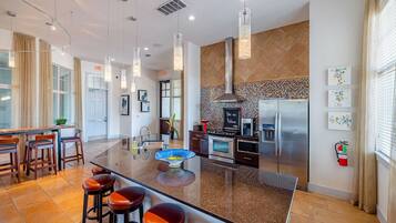Fridge, dining table