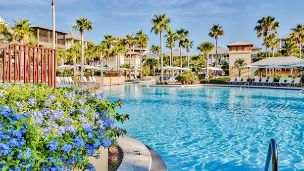 Piscina con sillones de descanso y palmeras.