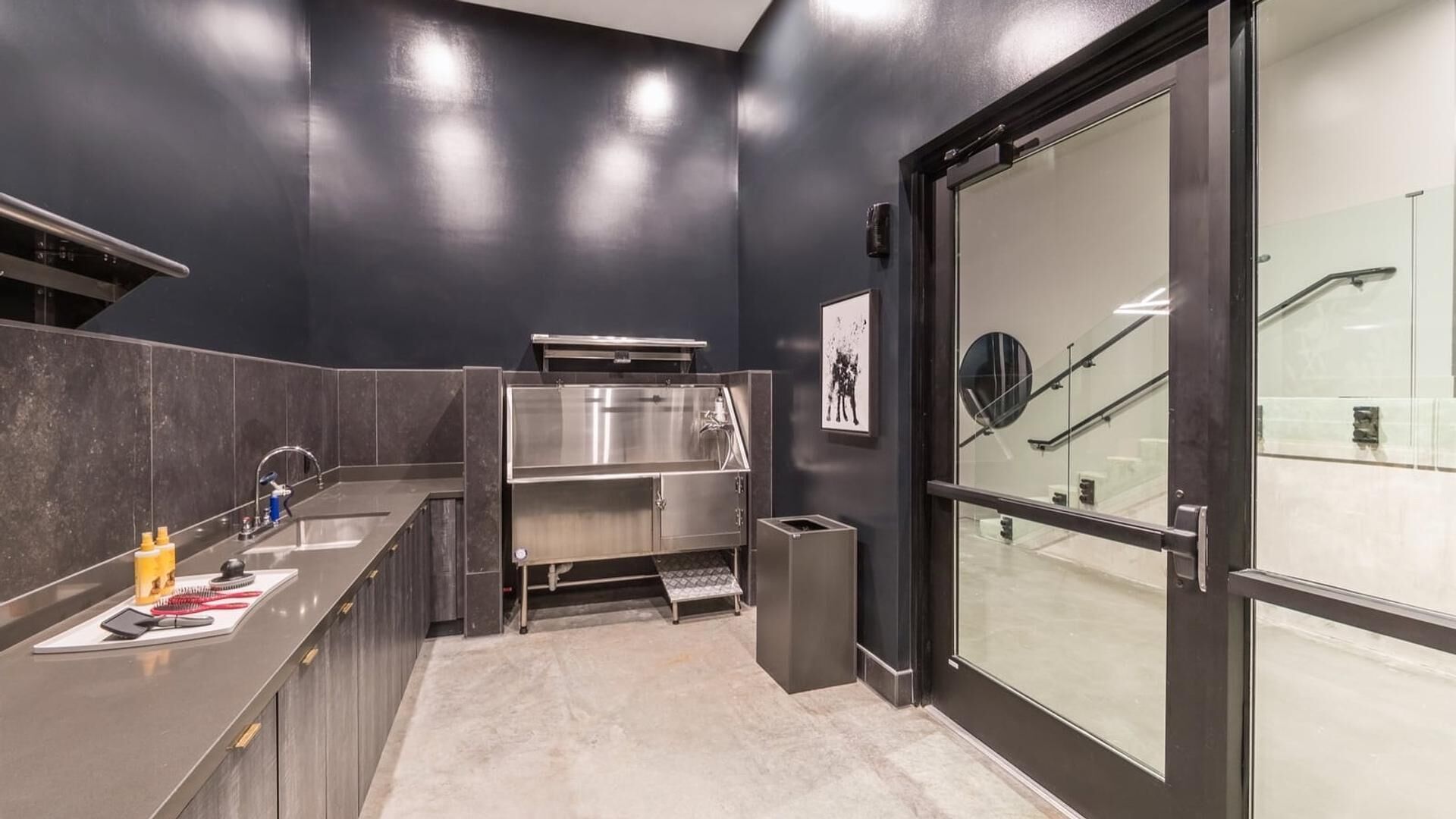 A modern kitchen with stainless steel appliances, a sink, and a glass door leading to a bathroom.