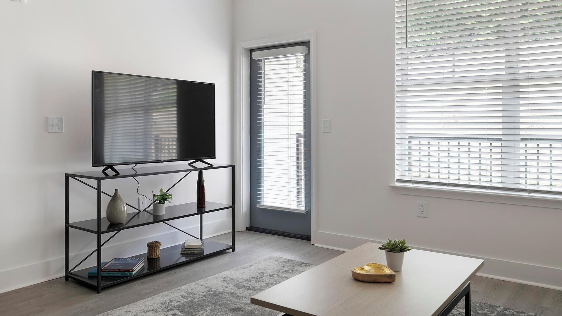A modern living room with a flat-screen TV on a black metal stand, a door with white blinds, and a large window with white blinds.