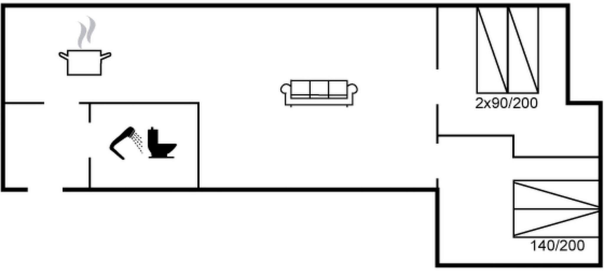 Plano de planta con kitchenette, inodoro y zona de estar.