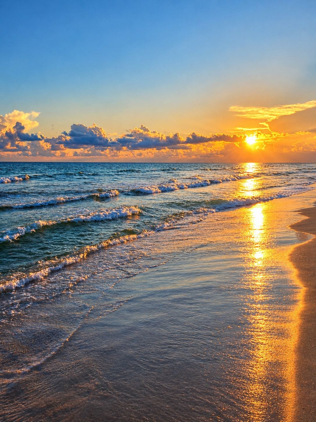 Una playa con olas y un atardecer.