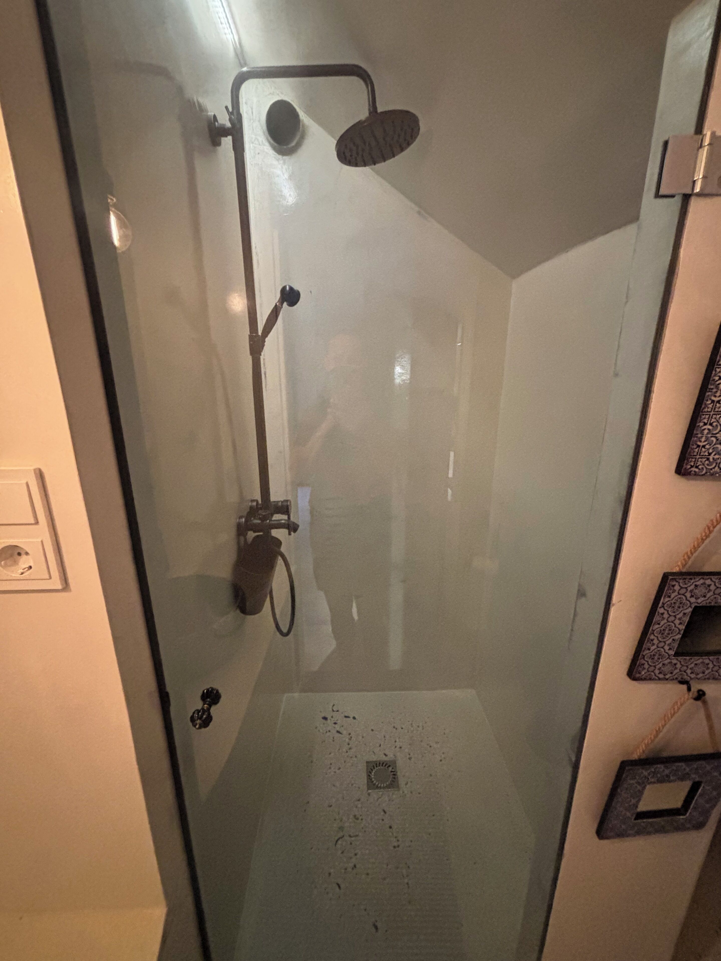 A glass-enclosed shower with a handheld showerhead and a wall-mounted control.