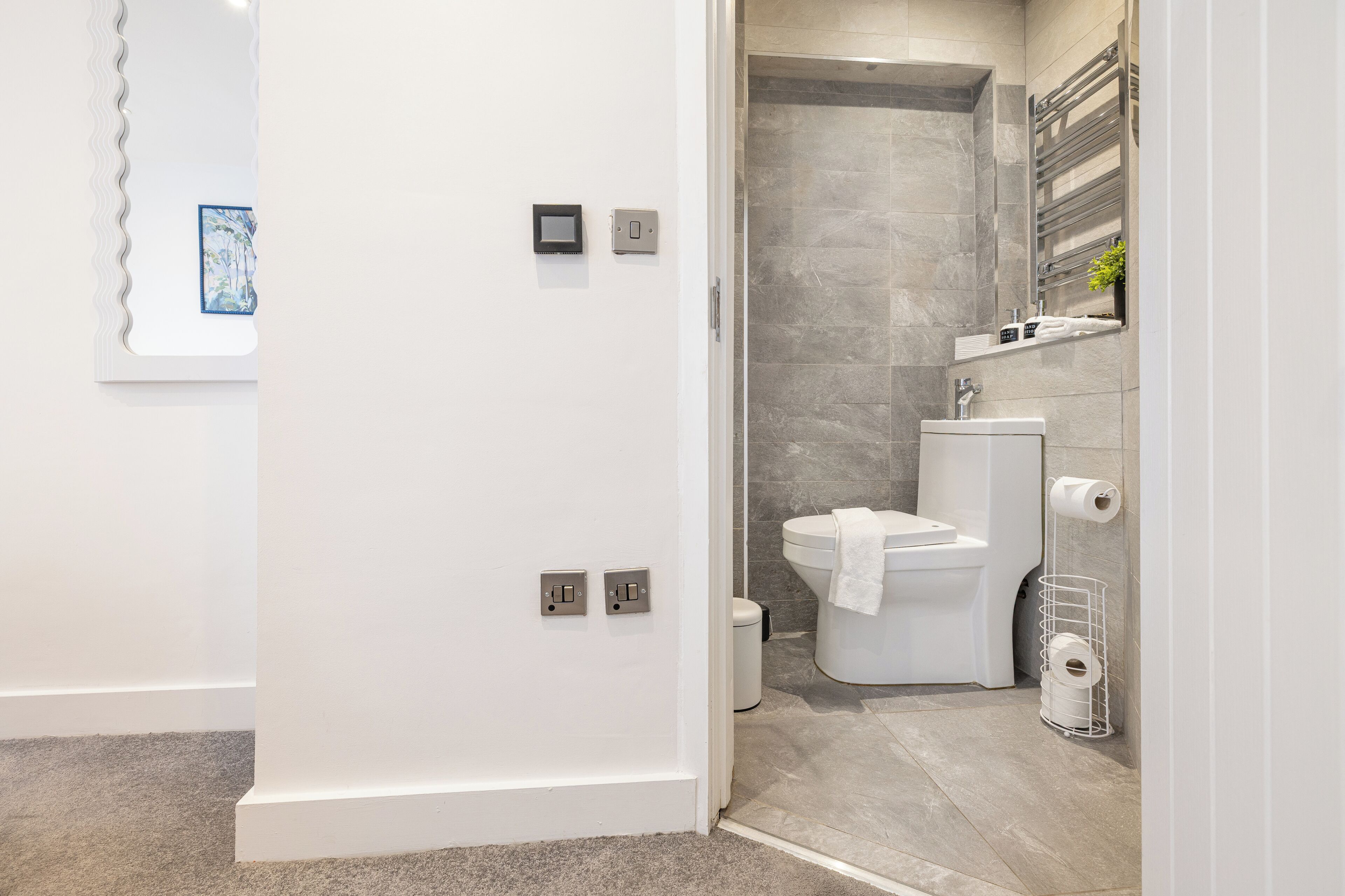 Hair dryer, towels, soap, toilet paper