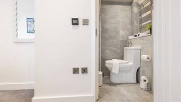 Hair dryer, towels, soap, toilet paper