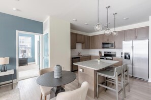 Fridge, dining tables - Landing | Chic 2BD, Clubhouse, Gym (Leland)