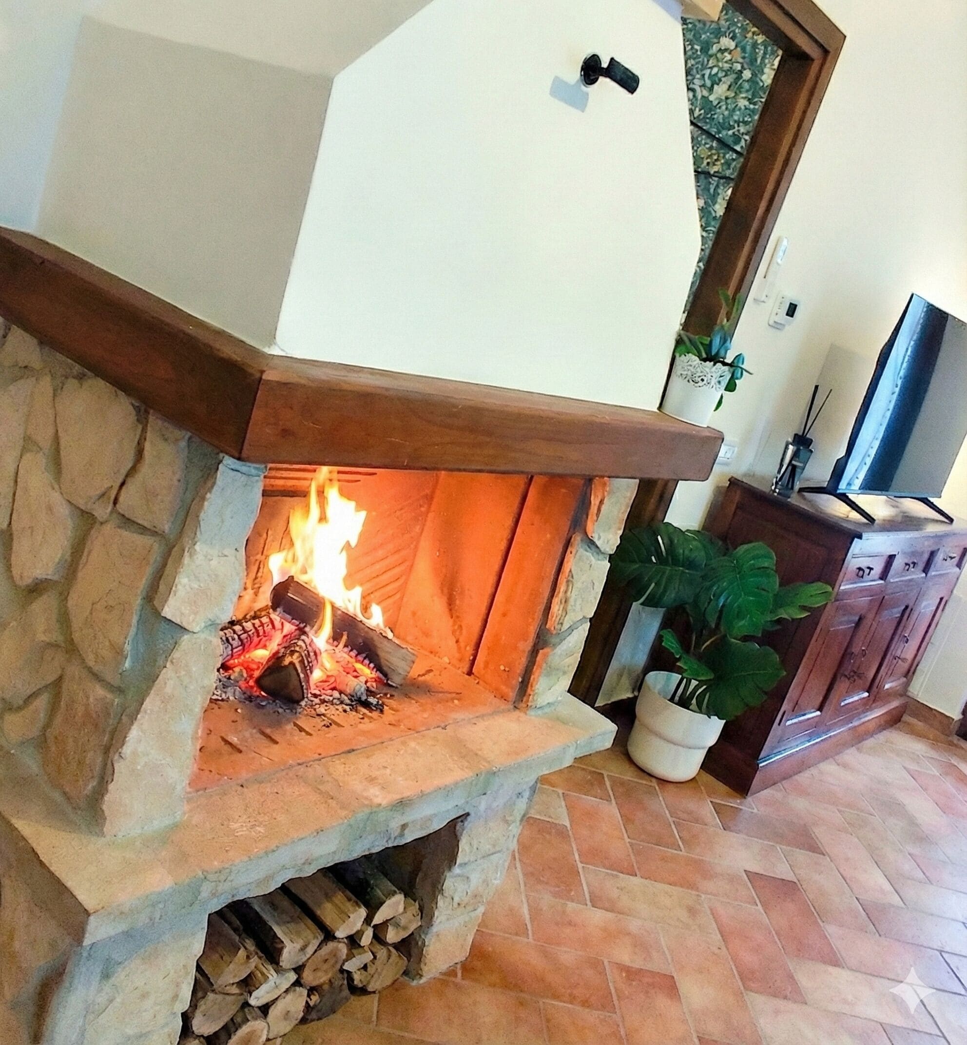 A stone fireplace with a fire, a television, and a potted plant in a room with tiled flooring.