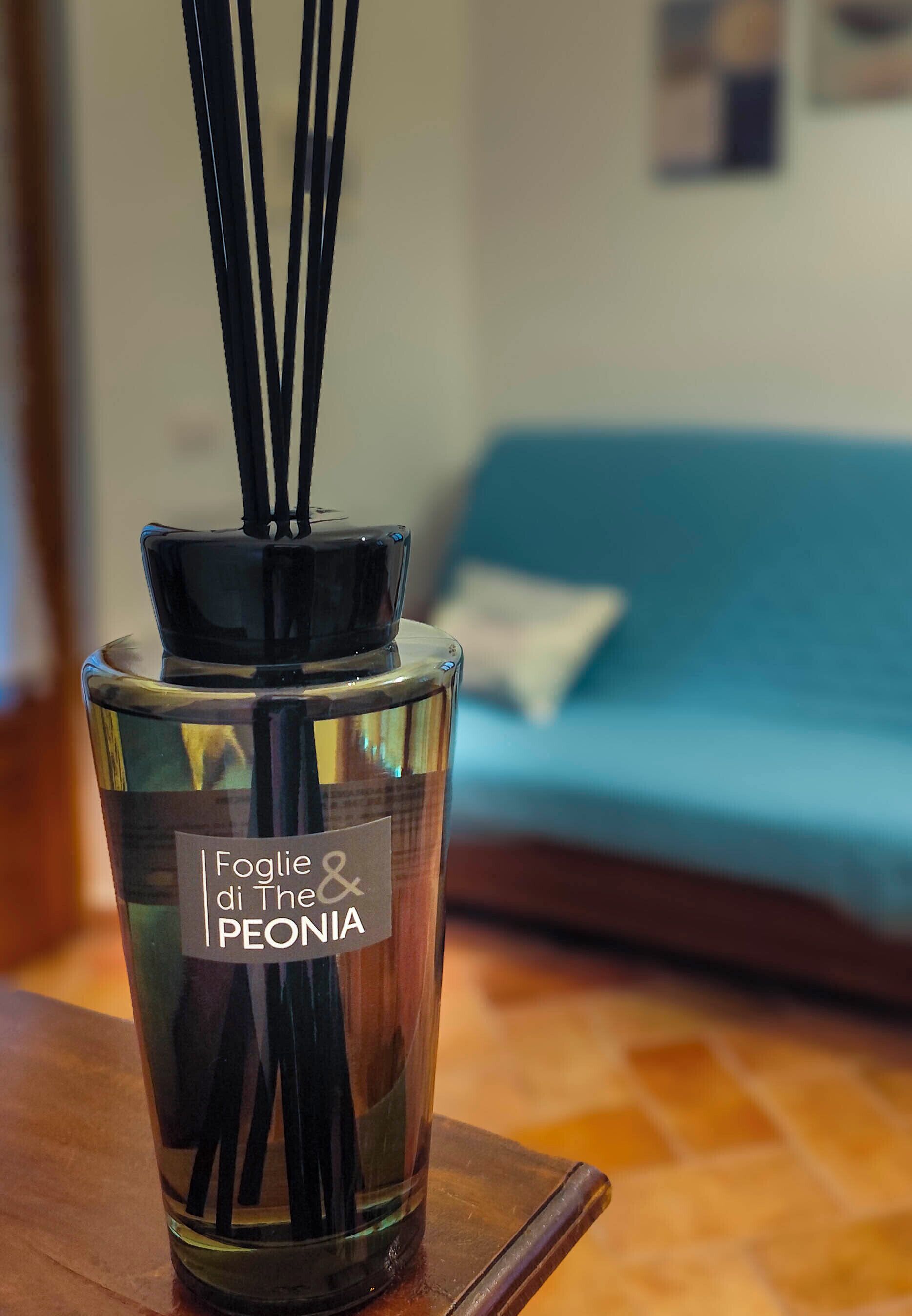 A clear glass bottle with black reeds and a label reading 'Fogliie & Peonia' on a wooden surface.