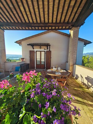 Eine überdachte Terrasse mit Esstisch, Blick auf die Landschaft und üppigen Blumenkübeln.