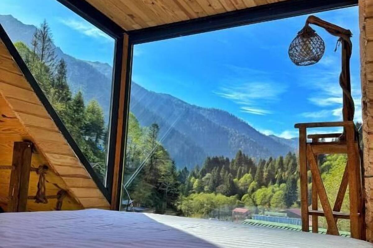 A room with a bed, a wooden ceiling, a large window, and a view of mountains.