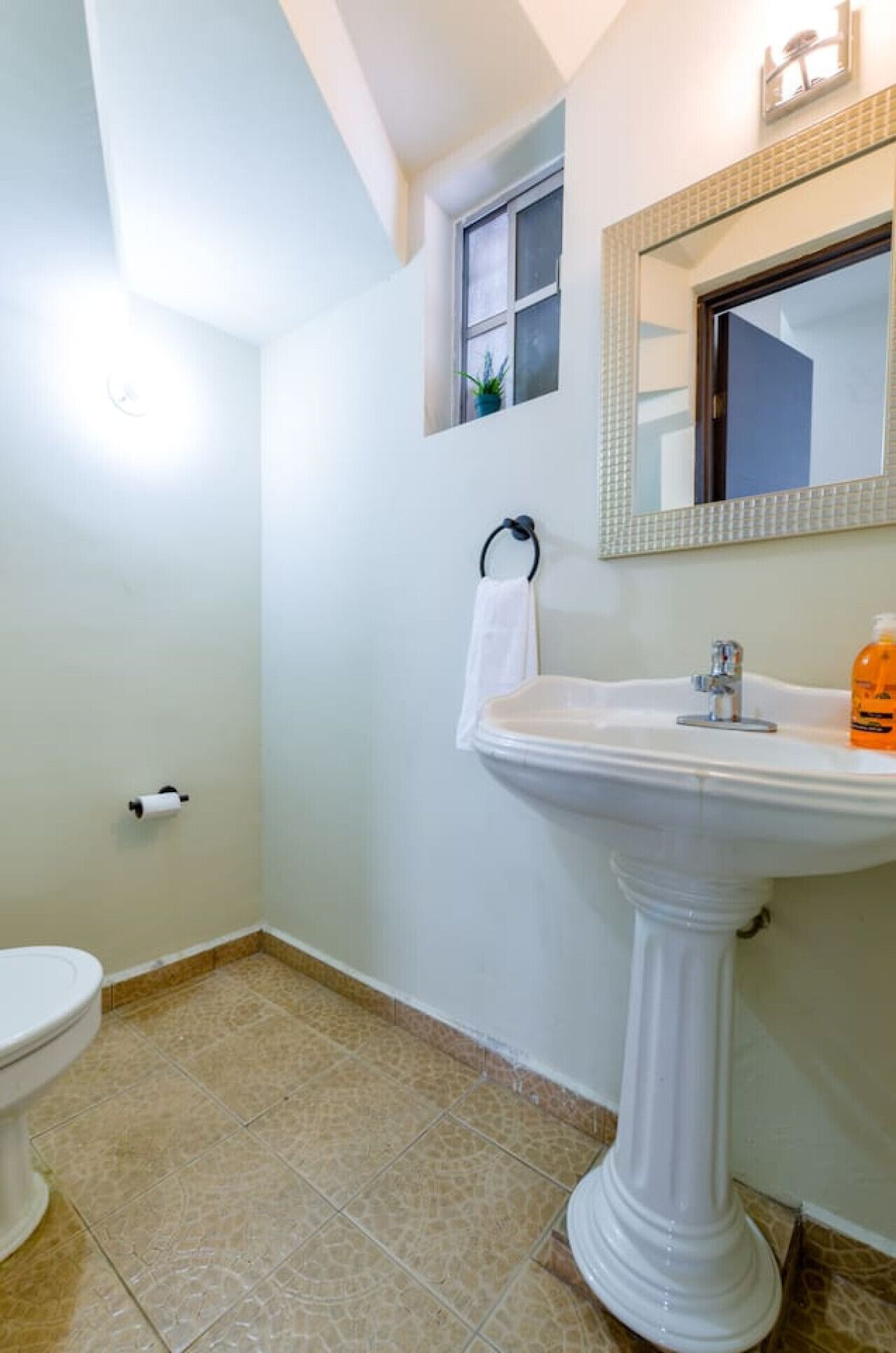 A bathroom with a pedestal sink, a toilet, a towel ring, and a small window.