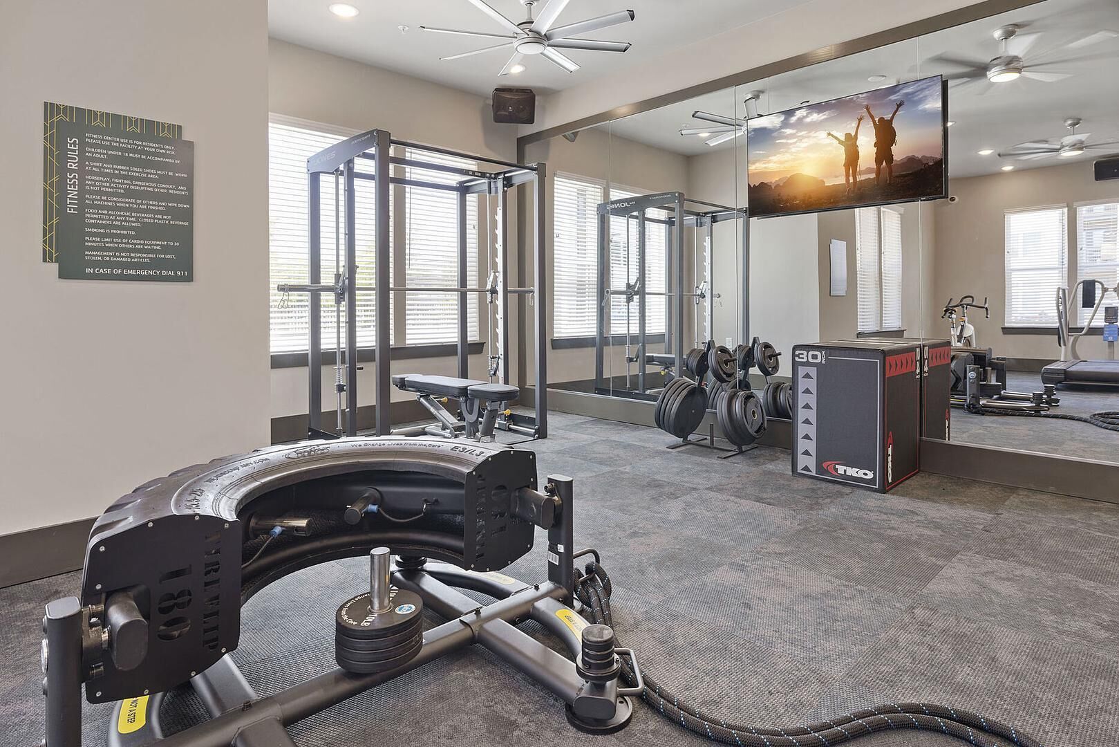 A gym with weightlifting equipment, a mirror, and a TV displaying a sunset scene.