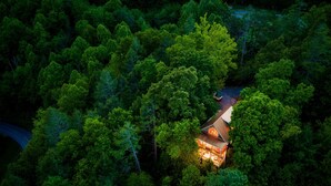 Vista aerea di una casa circondata da un bosco fitto, con un tetto ben visibile e interni illuminati.