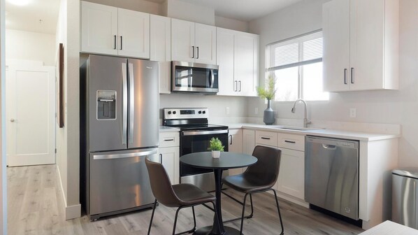 Fridge, dining tables
