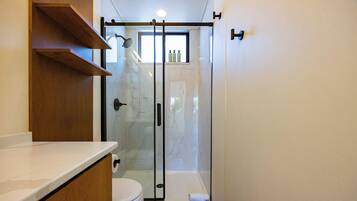 A bathroom with a toilet, a shower enclosure, and a wooden vanity.