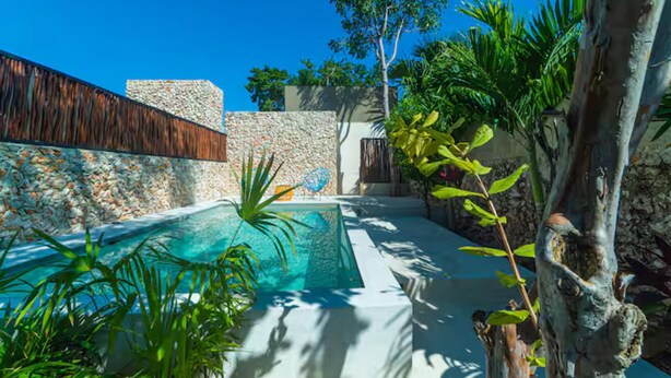 A pool area with a stone wall, a wooden fence, and tropical plants.
