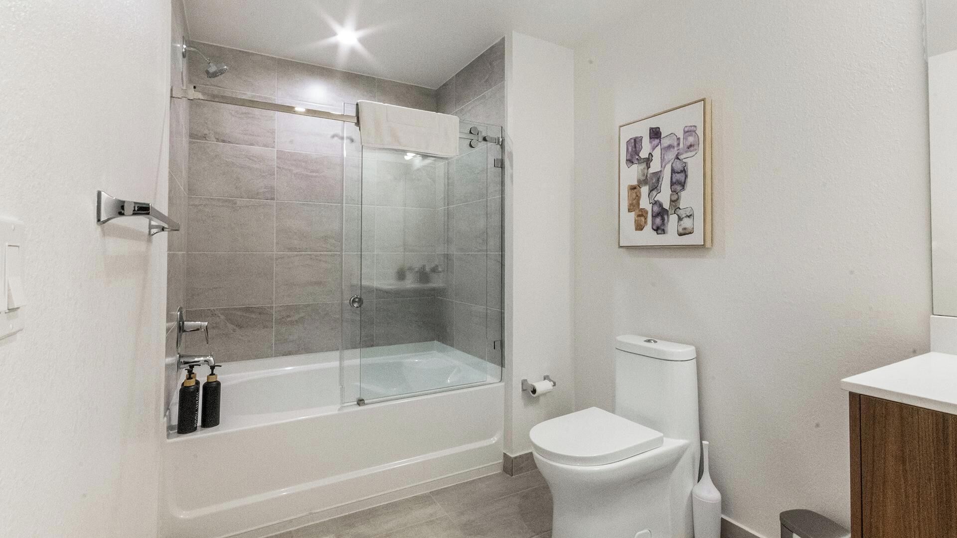 A modern bathroom with a glass-enclosed shower, a white toilet, and a framed artwork on the wall.