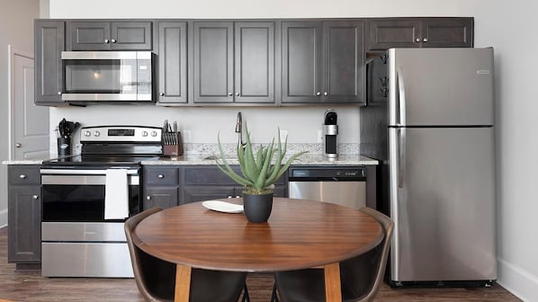Fridge, dining tables