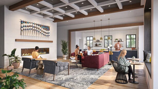 A spacious living area with a fireplace, a kitchen, and a dining area. - Landing | Incredible 1BD, Yoga Studio, Gym (Murrieta)