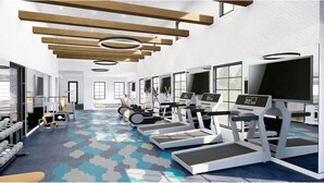 A gym with treadmills, weight machines, and a patterned floor. - Landing | Incredible 1BD, Yoga Studio, Gym (Murrieta)