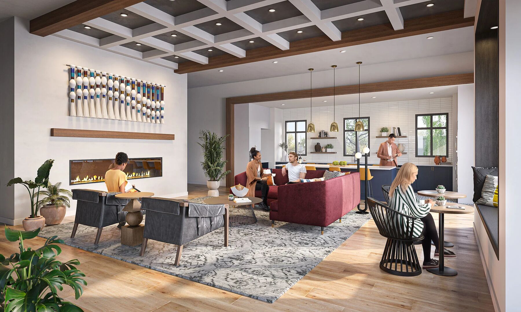 A spacious living area with a fireplace, a kitchen, and a dining area.