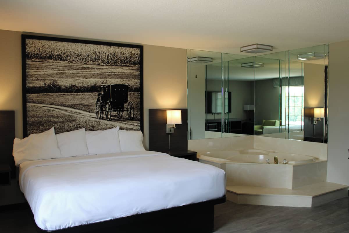A modern hotel room with a large bed, a bathtub, a large mirror, and a wall-mounted artwork.
