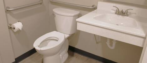 A bathroom with a toilet, a sink, and a handrail.