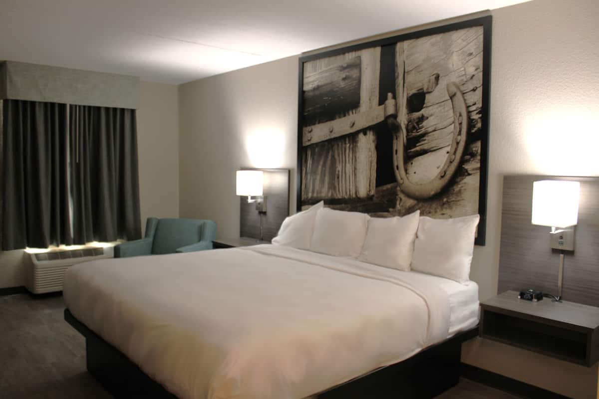 A hotel room with a large bed, two bedside lamps, a chair, and a wall-mounted heater.