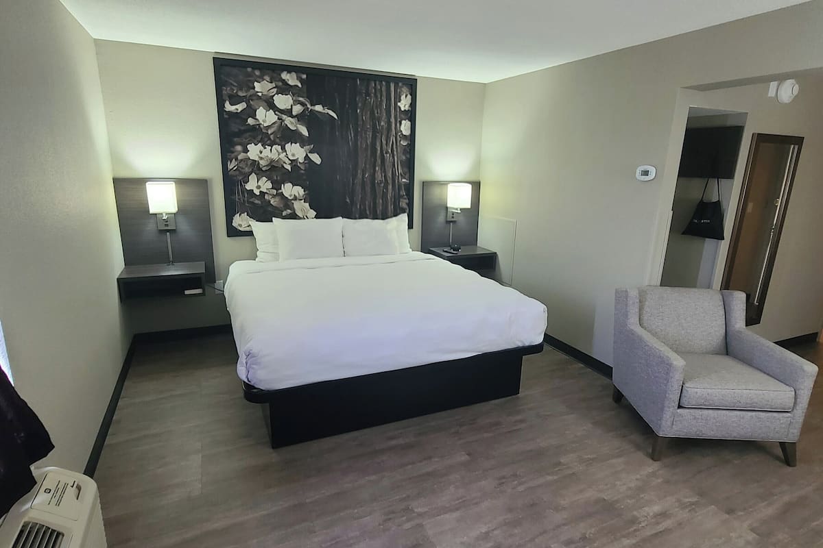A hotel room with a bed, two bedside tables with lamps, a chair, a large floral artwork on the wall, and a television on the wall.