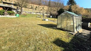 Ein Gewächshaus, eine Steinmauer und ein grasbewachsenes Feld mit Bäumen im Hintergrund.