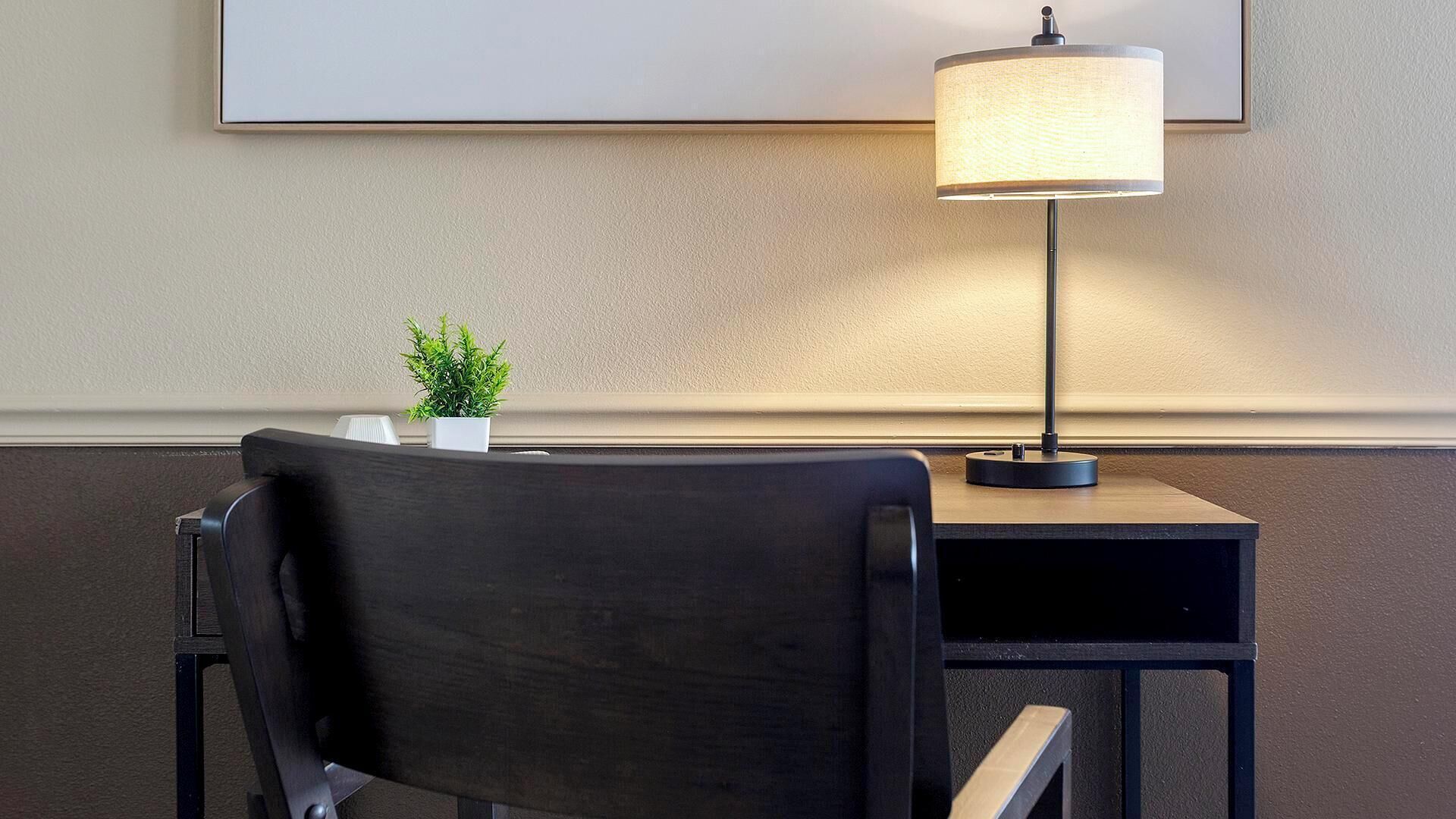 A hotel room with a desk, a lamp, a small potted plant, and a framed picture on the wall.