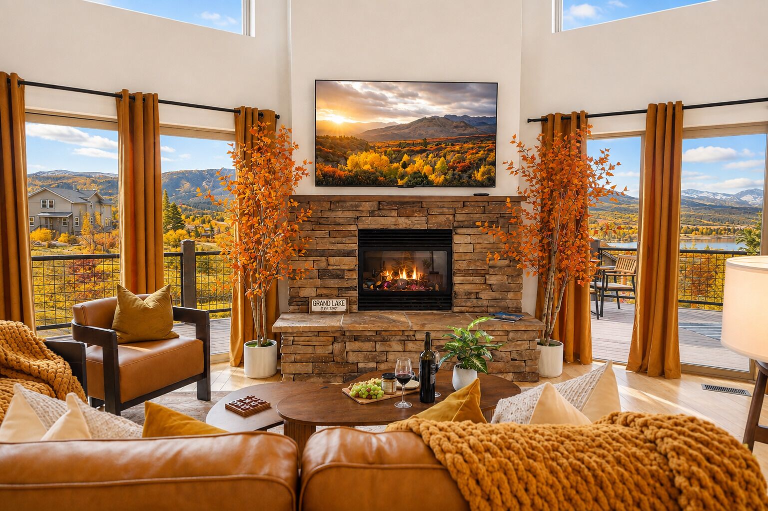 A living room with a fireplace, leather furniture, and a large window with a scenic view.