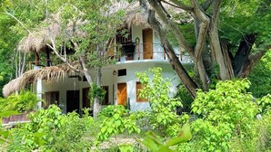Una casa circondata da una vegetazione rigogliosa, con tetto di paglia e un edificio bianco con porte in legno.