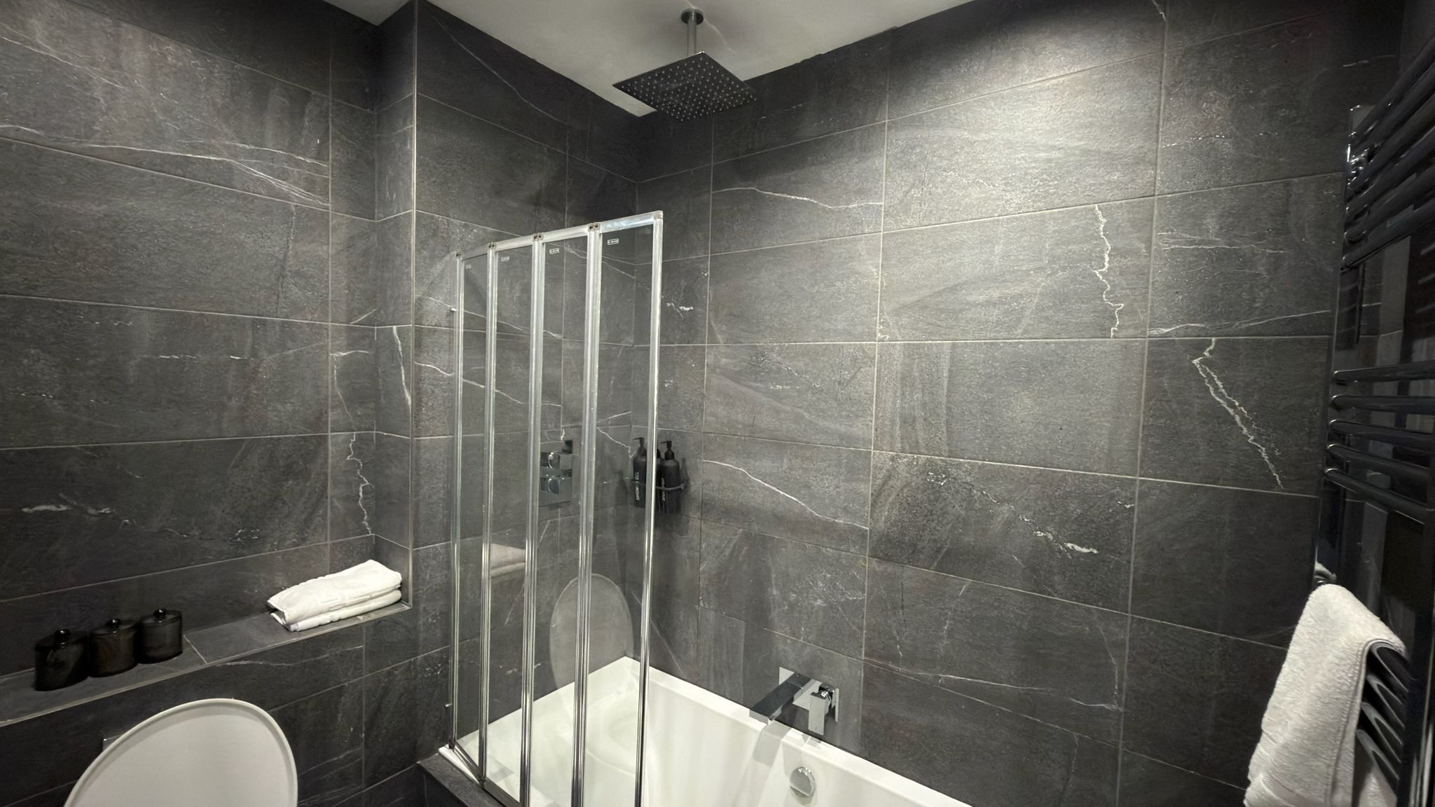 Hair dryer, towels, soap, toilet paper