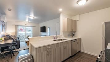 Fridge, dining tables